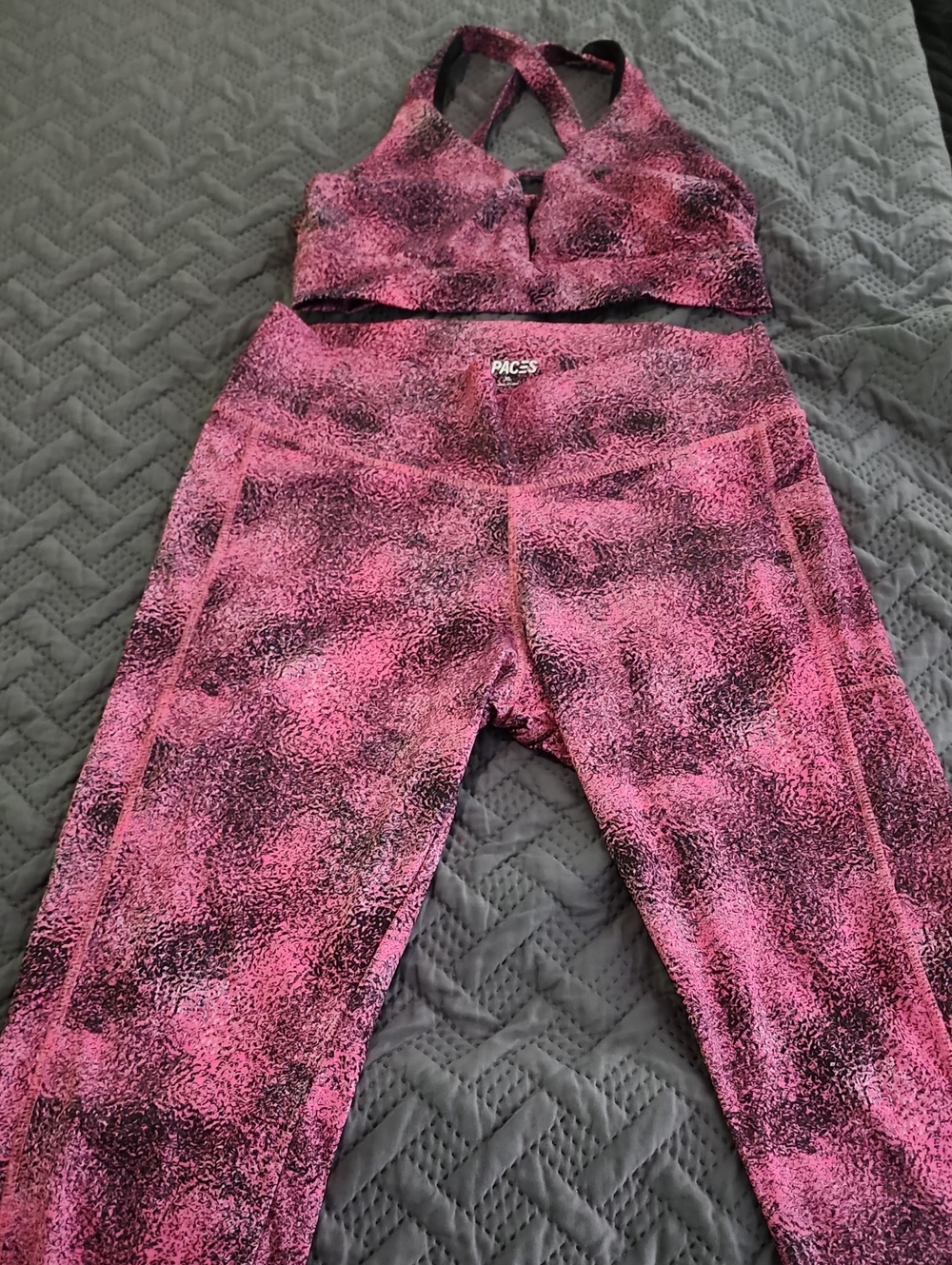 Pink and Black Speckled Strappy Sports Bra and Leggings Set